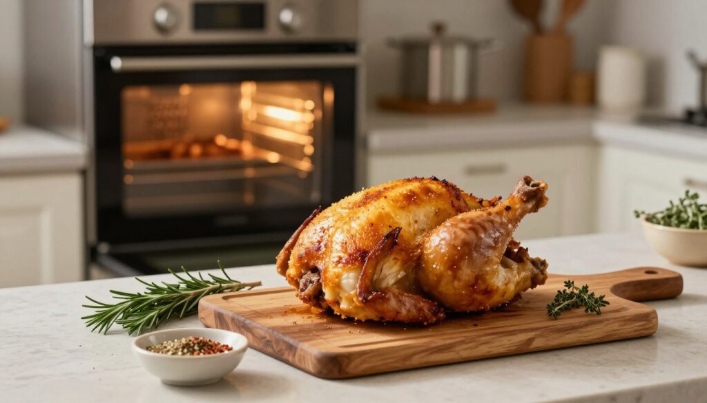 A beautifully arranged kitchen countertop featuring a perfectly roasted chicken leg quarter with golden, crispy skin, glistening under soft, warm lighting. In the foreground, a rustic wooden cutting board displays fresh herbs like rosemary and thyme, alongside a small bowl of seasoning blends. The middle ground shows an oven with its door slightly ajar, emitting a cozy glow, suggesting optimal baking conditions. The background features a subtle blurred view of kitchen appliances and utensils, enhancing the domestic atmosphere. The overall mood is inviting and warm, ideal for a culinary setting. The image captures the essence of baking chicken to perfection, showcasing that blend of art and science for achieving golden, crispy skin. A beautifully arranged kitchen countertop featuring a perfectly roasted chicken leg quarter with golden, crispy skin, glistening under soft, warm lighting. In the foreground, a rustic wooden cutting board displays fresh herbs like rosemary and thyme, alongside a small bowl of seasoning blends. The middle ground shows an oven with its door slightly ajar, emitting a cozy glow, suggesting optimal baking conditions. The background features a subtle blurred view of kitchen appliances and utensils, enhancing the domestic atmosphere. The overall mood is inviting and warm, ideal for a culinary setting. The image captures the essence of baking chicken to perfection, showcasing that blend of art and science for achieving golden, crispy skin.