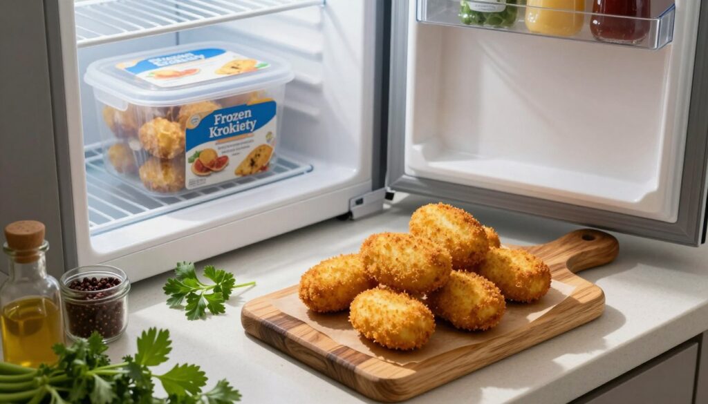 A beautifully arranged kitchen countertop featuring a plate of golden, crispy krokiety (Polish croquettes) on a rustic wooden board, surrounded by fresh herbs and condiments. In the background, an open freezer is partially visible, showcasing a neatly packed container labeled "Frozen Krokiety," emphasizing their preservation. Soft, natural lighting filters through a window, casting gentle shadows that highlight the textures of the krokiety and the vibrant colors of the herbs. The image conveys a warm, inviting atmosphere, inviting viewers to consider the topic of freezing krokiety while ensuring that the crispy coating remains intact. The angle is slightly overhead, capturing both the kroketty and the freezer, creating a sense of connection between them.
