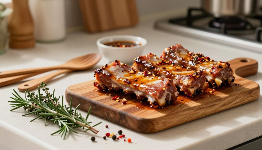 A beautifully arranged kitchen countertop featuring marinated pork ribs ready for cooking. In the foreground, there are vibrant herbs like rosemary and thyme, along with colorful spices such as paprika and black pepper scattered around. A rustic wooden cutting board holds the marinated ribs, glistening in a rich blend of marinade, showcasing hints of garlic, soy sauce, and chili flakes. In the middle ground, wooden utensils and a small bowl of additional marinade hint at the cooking process. The background reveals softly blurred kitchen elements, with warm, inviting lighting casting gentle shadows, creating a cozy atmosphere. The focus is sharp on the ribs, emphasizing their tenderness and enticing aroma, evoking a sense of culinary warmth and adventure. A beautifully arranged kitchen countertop featuring marinated pork ribs ready for cooking. In the foreground, there are vibrant herbs like rosemary and thyme, along with colorful spices such as paprika and black pepper scattered around. A rustic wooden cutting board holds the marinated ribs, glistening in a rich blend of marinade, showcasing hints of garlic, soy sauce, and chili flakes. In the middle ground, wooden utensils and a small bowl of additional marinade hint at the cooking process. The background reveals softly blurred kitchen elements, with warm, inviting lighting casting gentle shadows, creating a cozy atmosphere. The focus is sharp on the ribs, emphasizing their tenderness and enticing aroma, evoking a sense of culinary warmth and adventure.