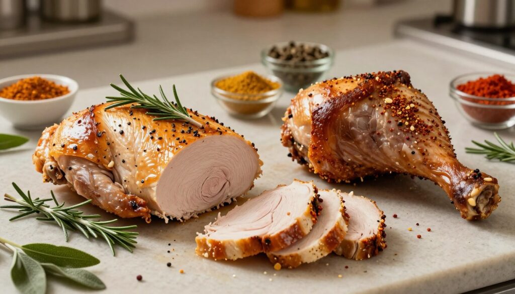 A beautifully arranged kitchen countertop featuring two distinct turkey cuts: a succulent turkey breast and a flavorful drumstick. The breast, seasoned with herbs like rosemary and sage, is placed on the left, showcasing its golden-brown crust, while the drumstick, coated with a rich blend of spices including paprika and garlic, sits on the right. Slices of the breast are elegantly fanned out, revealing juicy meat inside. The background features an array of vibrant spices in small bowls and sprigs of fresh herbs. Soft, warm lighting casts a cozy atmosphere, highlighting the textures and colors of the spices and the turkey. The angle is slightly elevated, capturing both the details of the meats and the surrounding ingredients, inviting viewers into a culinary exploration.