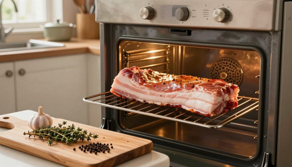 A beautifully arranged kitchen scene featuring a whole, marinated raw pork belly ready for roasting in the oven. In the foreground, a wooden cutting board holds a variety of spices and herbs used for marination, such as garlic, thyme, and black pepper. The middle ground shows the oven door slightly ajar, revealing the marinated pork belly nestled on a roasting rack, glistening under warm golden lighting. In the background, a well-organized kitchen with utensils, pots, and an inviting atmosphere enhances the cooking mood, reflecting comfort and home cooking. The scene is captured from a slightly elevated angle to emphasize the marinated pork while maintaining a cozy kitchen ambiance, with natural light filtering in from a window. The overall vibe is warm and appetizing, ideal for showcasing perfect roasting techniques. A beautifully arranged kitchen scene featuring a whole, marinated raw pork belly ready for roasting in the oven. In the foreground, a wooden cutting board holds a variety of spices and herbs used for marination, such as garlic, thyme, and black pepper. The middle ground shows the oven door slightly ajar, revealing the marinated pork belly nestled on a roasting rack, glistening under warm golden lighting. In the background, a well-organized kitchen with utensils, pots, and an inviting atmosphere enhances the cooking mood, reflecting comfort and home cooking. The scene is captured from a slightly elevated angle to emphasize the marinated pork while maintaining a cozy kitchen ambiance, with natural light filtering in from a window. The overall vibe is warm and appetizing, ideal for showcasing perfect roasting techniques.