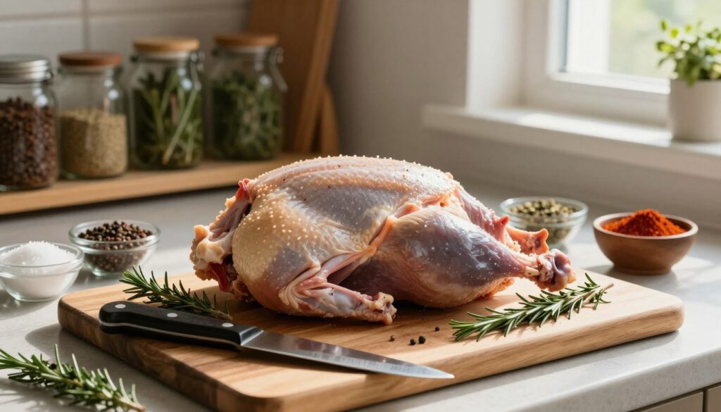 A beautifully arranged kitchen scene focused on preparing meat for marination. In the foreground, a whole goose is placed on a wooden cutting board, with fresh herbs like rosemary and thyme scattered around. A sharp knife rests nearby, reflecting bright kitchen light. The middle ground features various spices in small bowls, including salt, pepper, and paprika, enhancing the preparation setup. The background reveals shelves filled with jars of herbs and spices, creating an inviting atmosphere. Soft, warm lighting filters through a window, casting gentle shadows and highlighting the textures of the meat and ingredients. The overall mood is rustic and homely, evoking the art of cooking and the anticipation of flavorful dishes.