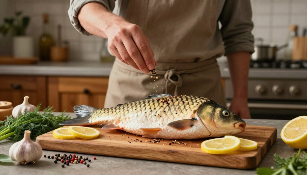 A beautifully arranged kitchen scene focused on the preparation of a carp fish, showcasing an elegant wooden cutting board in the foreground, with a freshly cleaned carp laid out. Surrounding the fish are an array of vibrant spices and herbs: sprigs of dill, slices of lemon, aromatic garlic, and colorful peppercorns, all carefully positioned to suggest them being used as seasonings. The middle ground features a chef in modest casual attire, expertly sprinkling the spices on the fish with a look of concentration. In the background, warm, soft lighting illuminates the cozy kitchen atmosphere, emphasizing rustic wooden cabinets and fresh ingredients. The overall mood is inviting and appetizing, highlighting the craft of enhancing the carp's natural flavor. A beautifully arranged kitchen scene focused on the preparation of a carp fish, showcasing an elegant wooden cutting board in the foreground, with a freshly cleaned carp laid out. Surrounding the fish are an array of vibrant spices and herbs: sprigs of dill, slices of lemon, aromatic garlic, and colorful peppercorns, all carefully positioned to suggest them being used as seasonings. The middle ground features a chef in modest casual attire, expertly sprinkling the spices on the fish with a look of concentration. In the background, warm, soft lighting illuminates the cozy kitchen atmosphere, emphasizing rustic wooden cabinets and fresh ingredients. The overall mood is inviting and appetizing, highlighting the craft of enhancing the carp's natural flavor.