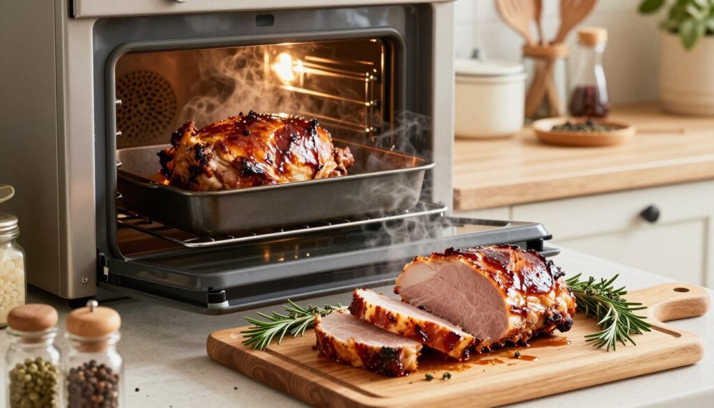 A beautifully arranged kitchen scene focused on the preparation of pork shoulder, or "karkówka," roasting in an oven. In the foreground, a wooden cutting board showcases succulent, marinated slices of pork with a rich, glossy glaze, surrounded by fresh herbs like rosemary and thyme. The middle section features an oven with the door slightly ajar, revealing the pork sizzling in a shallow pan. The warm light emanating from the oven creates a cozy atmosphere, while steam gently rises. In the background, kitchen utensils and spices are artfully arranged on a countertop, enhancing the cooking ambiance. The overall mood is inviting and appetizing, highlighting the concept of perfect timing and temperature control for a delicious roasted pork dish. Soft, natural lighting illuminates the scene, capturing the essence of home cooking.