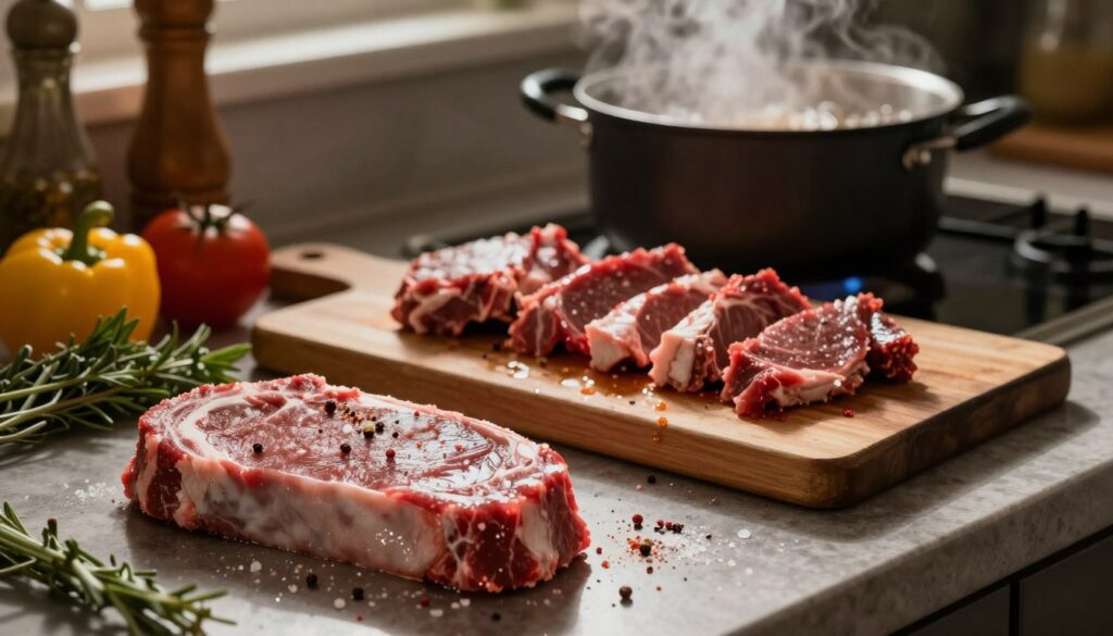 A beautifully arranged kitchen scene illustrating common mistakes in game meat preparation. In the foreground, an uncooked venison steak is shown, marinated improperly, with excess salt and spices spilling around. In the middle, a cutting board displays pieces of overcooked venison, surrounded by neglected herbs and vegetables. A pot in the background is boiling too aggressively, producing steam that blurs the view. Dim, warm lighting casts gentle shadows, highlighting the textures of the meat and ingredients. The atmosphere feels tense yet educational, reflecting the challenges of preparing game food. Capture the essence of both culinary struggle and the rich colors of game meat.