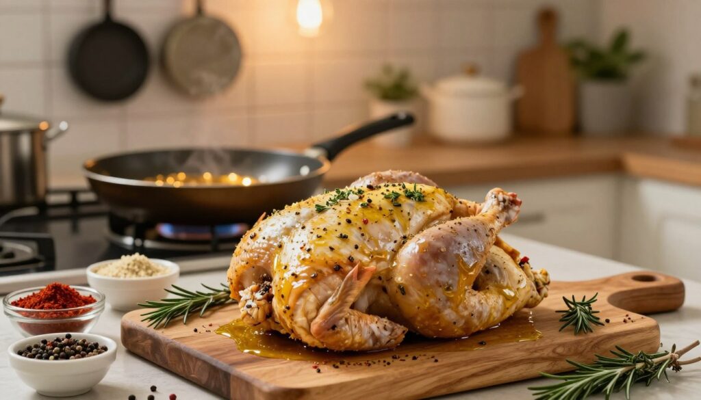 A beautifully arranged kitchen scene showcasing a marinated chicken ready for frying. In the foreground, a plump, whole chicken rests on a rustic wooden cutting board, covered in an enticing blend of herbs and spices, glistening with a light olive oil coating. Surrounding the chicken, there are bowls of colorful spices like paprika, garlic powder, and pepper, alongside fresh herbs like rosemary and thyme. The middle ground features a frying pan sizzling on a stove, with warm, inviting golden light reflecting off the surface. In the background, a cozy kitchen with soft lighting creates an inviting atmosphere, with pots and pans hanging and subtle kitchen decor. The mood is warm and homely, emphasizing the anticipation of a delicious meal.