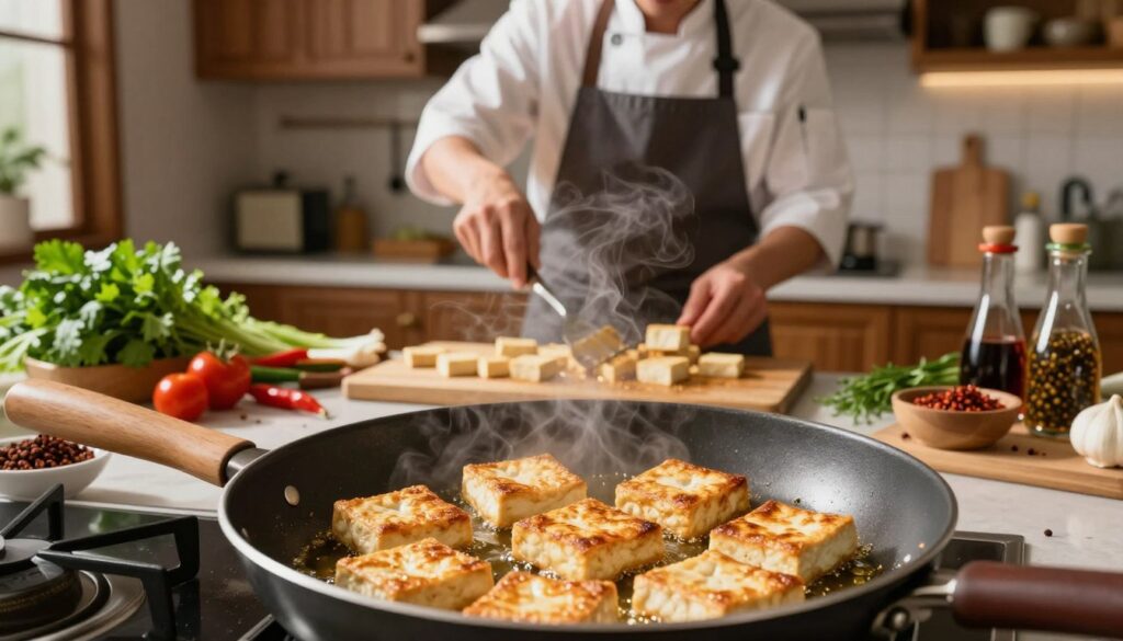 A beautifully arranged kitchen scene showcasing the art of frying tofu for perfect crispiness. In the foreground, a close-up of a frying pan with golden-brown, perfectly fried tofu cubes sizzling in hot oil, emitting steam and a delightful aroma. The mid-section reveals a chef in a professional apron, skillfully flipping the tofu with a spatula, their expression focused and passionate. Surrounding the chef are fresh herbs, spices, and sauces artistically displayed, contributing vibrant colors to the composition. The background features a softly lit kitchen with wooden cabinetry and a cozy atmosphere, hinting at a warm culinary space. The lighting is warm and inviting, casting soft shadows to enhance the textures of the tofu and ingredients, creating an appetizing and inspiring scene. A beautifully arranged kitchen scene showcasing the art of frying tofu for perfect crispiness. In the foreground, a close-up of a frying pan with golden-brown, perfectly fried tofu cubes sizzling in hot oil, emitting steam and a delightful aroma. The mid-section reveals a chef in a professional apron, skillfully flipping the tofu with a spatula, their expression focused and passionate. Surrounding the chef are fresh herbs, spices, and sauces artistically displayed, contributing vibrant colors to the composition. The background features a softly lit kitchen with wooden cabinetry and a cozy atmosphere, hinting at a warm culinary space. The lighting is warm and inviting, casting soft shadows to enhance the textures of the tofu and ingredients, creating an appetizing and inspiring scene.