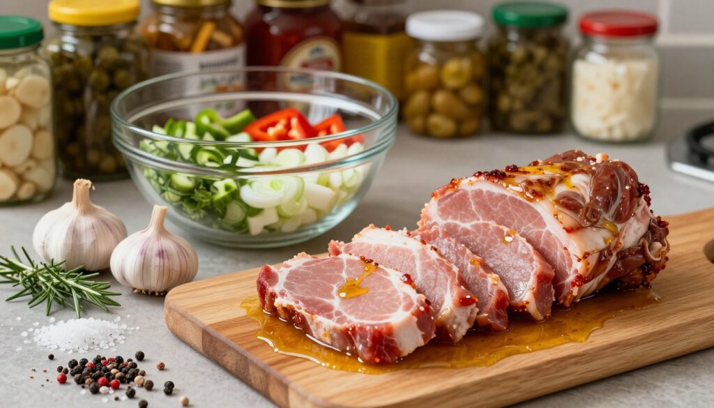 A beautifully arranged kitchen scene showcasing the process of marinating pork neck (karkówka) for roasting. In the foreground, a wooden cutting board is adorned with various spices like salt, pepper, garlic, and herbs, alongside marinated pork slices soaking in a rich, golden marinade that glistens under soft, natural lighting. In the middle, there is a large glass bowl filled with freshly chopped ingredients, including onions and peppers, enhancing the presentation. The background features shelves lined with colorful jars of pickles and condiments, creating a warm, inviting atmosphere. The overall mood is cozy and homely, evoking the essence of preparing a delicious, tender meat dish. The composition is shot from a slight overhead angle, capturing the vibrant textures and colors of the ingredients.