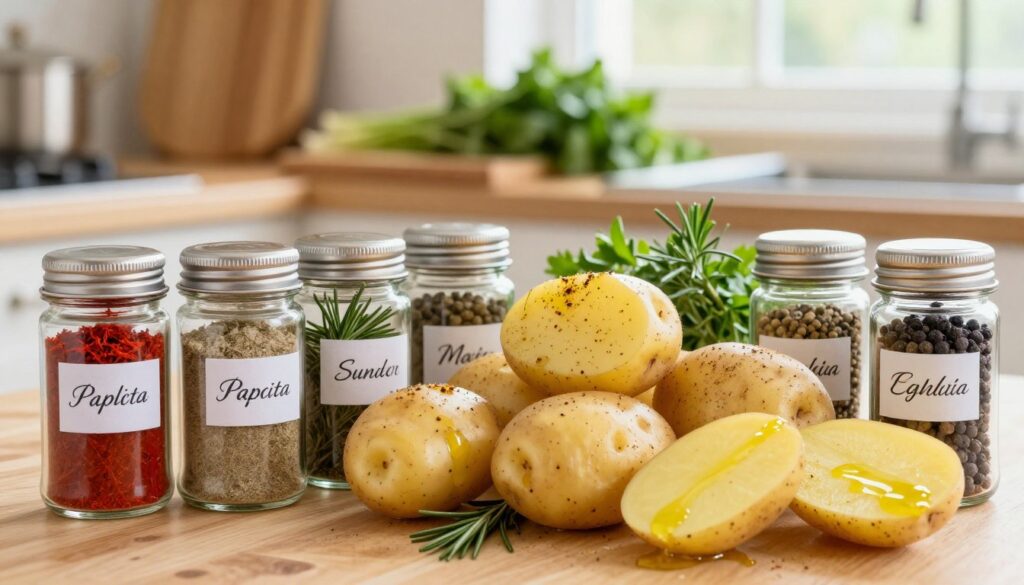 A beautifully arranged layout of spices ideal for seasoning potatoes for baking and grilling. In the foreground, showcase an assortment of spice jars with elegant labels, featuring popular spices like paprika, garlic powder, rosemary, and black pepper. In the middle, place freshly washed, whole potatoes with some cut in half to reveal their texture, sprinkled lightly with olive oil and seasoning. In the background, a warm kitchen scene is visible, with a wooden cutting board and vibrant green herbs. Soft, natural light streams through a window, creating a cozy atmosphere. The focus should be on the spices and potatoes, with a slight blur in the background to enhance depth, evoking a sense of delicious anticipation. A beautifully arranged layout of spices ideal for seasoning potatoes for baking and grilling. In the foreground, showcase an assortment of spice jars with elegant labels, featuring popular spices like paprika, garlic powder, rosemary, and black pepper. In the middle, place freshly washed, whole potatoes with some cut in half to reveal their texture, sprinkled lightly with olive oil and seasoning. In the background, a warm kitchen scene is visible, with a wooden cutting board and vibrant green herbs. Soft, natural light streams through a window, creating a cozy atmosphere. The focus should be on the spices and potatoes, with a slight blur in the background to enhance depth, evoking a sense of delicious anticipation.