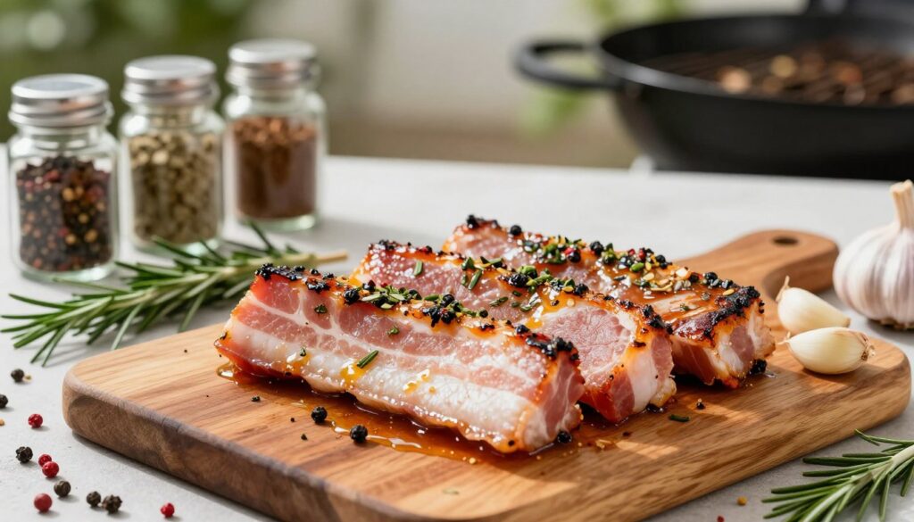A beautifully arranged marinade for grilled pork belly is the central focus of the image, showcasing glistening strips of marinated meat surrounded by an array of vibrant spices. In the foreground, a rustic wooden cutting board displays the pork belly, coated in a rich, glossy marinade featuring herbs, garlic, and flavorful spices. The middle section captures a few scattered spice jars and fresh ingredients like rosemary, peppercorns, and garlic cloves, emphasizing the aromatic quality of the marinade. In the background, a softly blurred outdoor grilling setup hints at a sunny day with a light breeze, creating a warm and inviting atmosphere. The lighting is natural, highlighting the textures and colors of the ingredients, while maintaining a clean, appetizing aesthetic. A beautifully arranged marinade for grilled pork belly is the central focus of the image, showcasing glistening strips of marinated meat surrounded by an array of vibrant spices. In the foreground, a rustic wooden cutting board displays the pork belly, coated in a rich, glossy marinade featuring herbs, garlic, and flavorful spices. The middle section captures a few scattered spice jars and fresh ingredients like rosemary, peppercorns, and garlic cloves, emphasizing the aromatic quality of the marinade. In the background, a softly blurred outdoor grilling setup hints at a sunny day with a light breeze, creating a warm and inviting atmosphere. The lighting is natural, highlighting the textures and colors of the ingredients, while maintaining a clean, appetizing aesthetic.