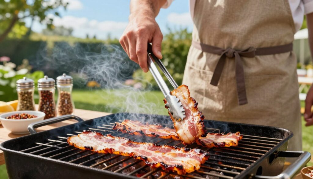 A beautifully arranged outdoor barbecue scene showcasing the "techniques for grilling bacon" to achieve crispiness. In the foreground, a perfectly grilled slab of juicy bacon with a golden-brown crust sizzles on the grill, emitting tantalizing smoke. In the middle, a griller, dressed in a stylish apron, skillfully flips bacon strips with precision using long tongs, while several colorful spices and a marinating bowl are artfully placed nearby. In the background, a vibrant summer garden is visible, with lush greenery and a sun-drenched blue sky, imbuing the scene with a warm, inviting atmosphere. The lighting is bright and cheerful, capturing the essence of a perfect summer day. The composition is shot from a slightly elevated angle to emphasize the grilling action and the surrounding joyful environment. A beautifully arranged outdoor barbecue scene showcasing the "techniques for grilling bacon" to achieve crispiness. In the foreground, a perfectly grilled slab of juicy bacon with a golden-brown crust sizzles on the grill, emitting tantalizing smoke. In the middle, a griller, dressed in a stylish apron, skillfully flips bacon strips with precision using long tongs, while several colorful spices and a marinating bowl are artfully placed nearby. In the background, a vibrant summer garden is visible, with lush greenery and a sun-drenched blue sky, imbuing the scene with a warm, inviting atmosphere. The lighting is bright and cheerful, capturing the essence of a perfect summer day. The composition is shot from a slightly elevated angle to emphasize the grilling action and the surrounding joyful environment.