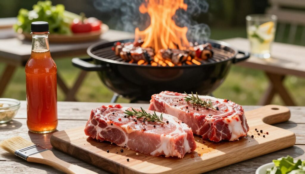 A beautifully arranged outdoor scene showcasing the preparation of marinated pork neck for grilling. In the foreground, a cutting board with beautifully seasoned pork neck steaks, garnished with fresh herbs and spices, glistening under warm sunlight. A bottle of marinade and a brush lie beside the meat, emphasizing the step-by-step preparation process. In the middle, a charcoal grill is seen, with flames flickering, ready to cook the perfectly marinated meat. The background reveals a picnic table set with fresh vegetables and a glass of refreshing drink, creating a warm, inviting atmosphere. Soft, natural lighting enhances the warm tones, while a shallow depth of field keeps the focus on the meat preparation. The scene evokes a sense of culinary excitement and anticipation. A beautifully arranged outdoor scene showcasing the preparation of marinated pork neck for grilling. In the foreground, a cutting board with beautifully seasoned pork neck steaks, garnished with fresh herbs and spices, glistening under warm sunlight. A bottle of marinade and a brush lie beside the meat, emphasizing the step-by-step preparation process. In the middle, a charcoal grill is seen, with flames flickering, ready to cook the perfectly marinated meat. The background reveals a picnic table set with fresh vegetables and a glass of refreshing drink, creating a warm, inviting atmosphere. Soft, natural lighting enhances the warm tones, while a shallow depth of field keeps the focus on the meat preparation. The scene evokes a sense of culinary excitement and anticipation.