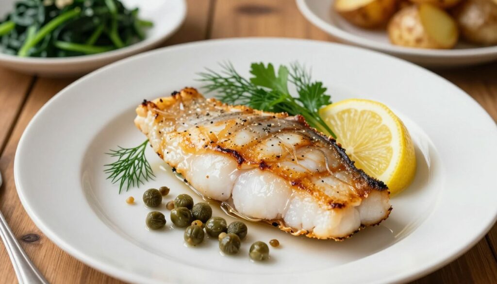 A beautifully arranged plate featuring a delicate piece of grilled cod, lightly seasoned to highlight its natural flavors. Add vibrant garnishes such as lemon wedges, fresh herbs like dill and parsley, and a sprinkle of capers for contrast. The foreground should focus on the grilled fish, with its moist texture glistening under soft, warm lighting that creates an inviting atmosphere. In the background, a rustic wooden dining table complements the dish, with subtle hints of other complementary sides like sautéed spinach and roasted potatoes. Capture this scene from a slightly elevated angle to emphasize the arrangement and colors, evoking a cozy, sophisticated dining experience.