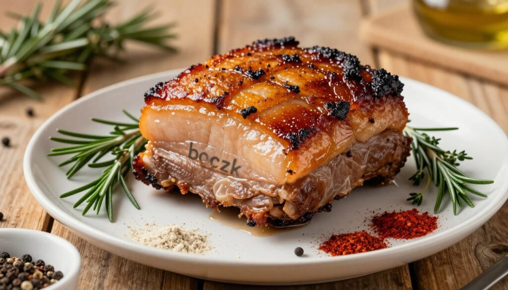 A beautifully arranged plate featuring a juicy, roasted pork belly, known as "boczek," is the centerpiece. The skin glistens with a crispy texture, golden-brown, and slightly caramelized. Surrounding the boczek are vibrant herbs such as rosemary and thyme, adding freshness and depth to the presentation. In the foreground, a small bowl of spices—garlic powder, smoked paprika, and black pepper—suggests the flavors that enhance this dish. The background features a rustic wooden table, softly lit by warm, natural lighting that creates a cozy, inviting atmosphere. The image captures the essence of comfort food, showcasing the boczek's rich texture and the accompanying herbs in a manner that highlights the depth of flavor achieved through careful seasoning and preparation. A beautifully arranged plate featuring a juicy, roasted pork belly, known as "boczek," is the centerpiece. The skin glistens with a crispy texture, golden-brown, and slightly caramelized. Surrounding the boczek are vibrant herbs such as rosemary and thyme, adding freshness and depth to the presentation. In the foreground, a small bowl of spices—garlic powder, smoked paprika, and black pepper—suggests the flavors that enhance this dish. The background features a rustic wooden table, softly lit by warm, natural lighting that creates a cozy, inviting atmosphere. The image captures the essence of comfort food, showcasing the boczek's rich texture and the accompanying herbs in a manner that highlights the depth of flavor achieved through careful seasoning and preparation.