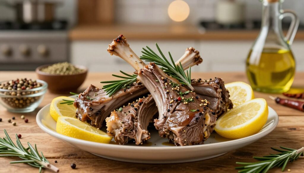 A beautifully arranged plate featuring marinated lamb, showcasing tender cuts of meat infused with aromatic herbs and spices. In the foreground, the glistening marinated lamb is garnished with sprigs of fresh rosemary and vibrant slices of lemon, creating a contrast of colors. The middle ground reveals a rustic wooden table adorned with small bowls of spices, such as cumin and coriander, along with a bottle of olive oil. In the background, a softly lit kitchen atmosphere creates a warm, inviting mood, highlighted by gentle lighting and blurred orbs from a soft-focus lens effect. The overall atmosphere should evoke a sense of culinary artistry and warmth, emphasizing the importance of marination in enhancing the flavor profile of lamb. A beautifully arranged plate featuring marinated lamb, showcasing tender cuts of meat infused with aromatic herbs and spices. In the foreground, the glistening marinated lamb is garnished with sprigs of fresh rosemary and vibrant slices of lemon, creating a contrast of colors. The middle ground reveals a rustic wooden table adorned with small bowls of spices, such as cumin and coriander, along with a bottle of olive oil. In the background, a softly lit kitchen atmosphere creates a warm, inviting mood, highlighted by gentle lighting and blurred orbs from a soft-focus lens effect. The overall atmosphere should evoke a sense of culinary artistry and warmth, emphasizing the importance of marination in enhancing the flavor profile of lamb.