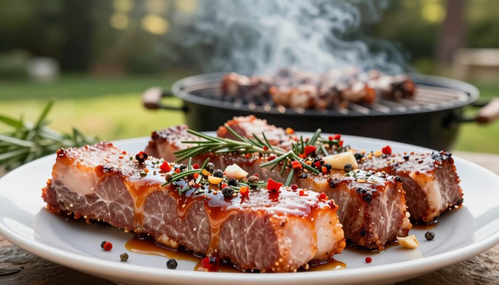 A beautifully arranged plate featuring marinated pork neck steaks, glistening with a rich, savory glaze. The foreground highlights the juicy, tender meat garnished with fresh herbs and spices, showcasing vibrant colors of paprika, garlic, and rosemary. In the middle ground, a well-prepared outdoor grill, with smoke gently rising, indicates the cooking process. The background captures a serene outdoor setting with lush greenery and soft, diffused sunlight filtering through the trees, creating a warm and inviting atmosphere. The image is captured with a shallow depth of field, focusing sharply on the pork neck while softly blurring the grill and background, evoking a sense of culinary mastery and inspiration for the viewer. A beautifully arranged plate featuring marinated pork neck steaks, glistening with a rich, savory glaze. The foreground highlights the juicy, tender meat garnished with fresh herbs and spices, showcasing vibrant colors of paprika, garlic, and rosemary. In the middle ground, a well-prepared outdoor grill, with smoke gently rising, indicates the cooking process. The background captures a serene outdoor setting with lush greenery and soft, diffused sunlight filtering through the trees, creating a warm and inviting atmosphere. The image is captured with a shallow depth of field, focusing sharply on the pork neck while softly blurring the grill and background, evoking a sense of culinary mastery and inspiration for the viewer.