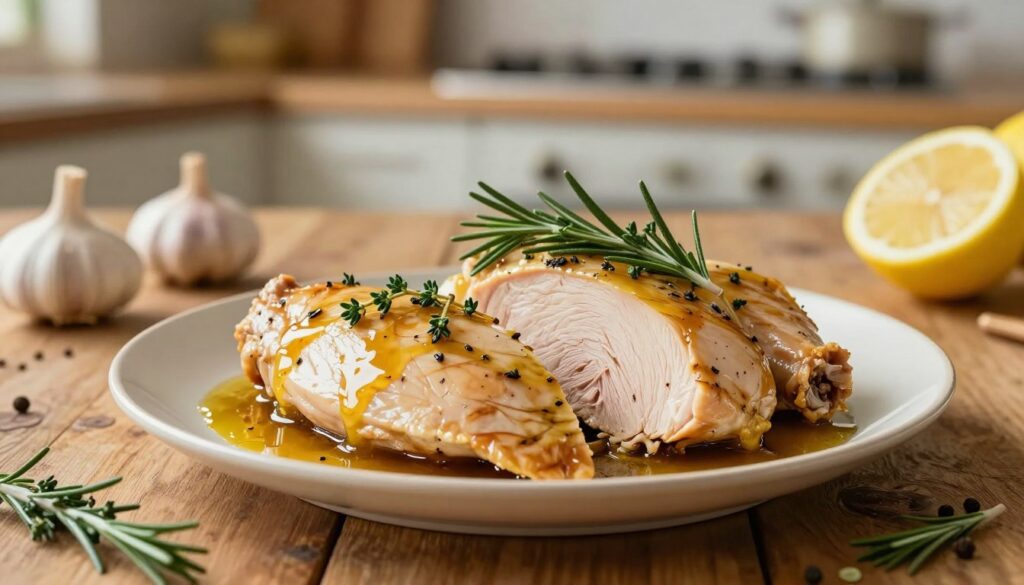A beautifully arranged plate featuring succulent turkey breasts, marinated to perfection, glistening with a rich, golden marinade. The foreground showcases the plump turkey breasts, sliced to reveal their juicy, tender texture, garnished with fresh herbs like rosemary and thyme for added color and freshness. In the middle ground, a rustic wooden table complements the warm, inviting atmosphere, with cooking ingredients like garlic, lemon, and spices artfully scattered around. The background features a softly blurred kitchen setting with warm, natural lighting that enhances the appetizing colors of the dish, creating a cozy, home-cooked feel. A shallow depth of field focuses on the turkey while adding a slight dreamy quality, inviting the viewer to imagine the delightful flavors. A beautifully arranged plate featuring succulent turkey breasts, marinated to perfection, glistening with a rich, golden marinade. The foreground showcases the plump turkey breasts, sliced to reveal their juicy, tender texture, garnished with fresh herbs like rosemary and thyme for added color and freshness. In the middle ground, a rustic wooden table complements the warm, inviting atmosphere, with cooking ingredients like garlic, lemon, and spices artfully scattered around. The background features a softly blurred kitchen setting with warm, natural lighting that enhances the appetizing colors of the dish, creating a cozy, home-cooked feel. A shallow depth of field focuses on the turkey while adding a slight dreamy quality, inviting the viewer to imagine the delightful flavors.