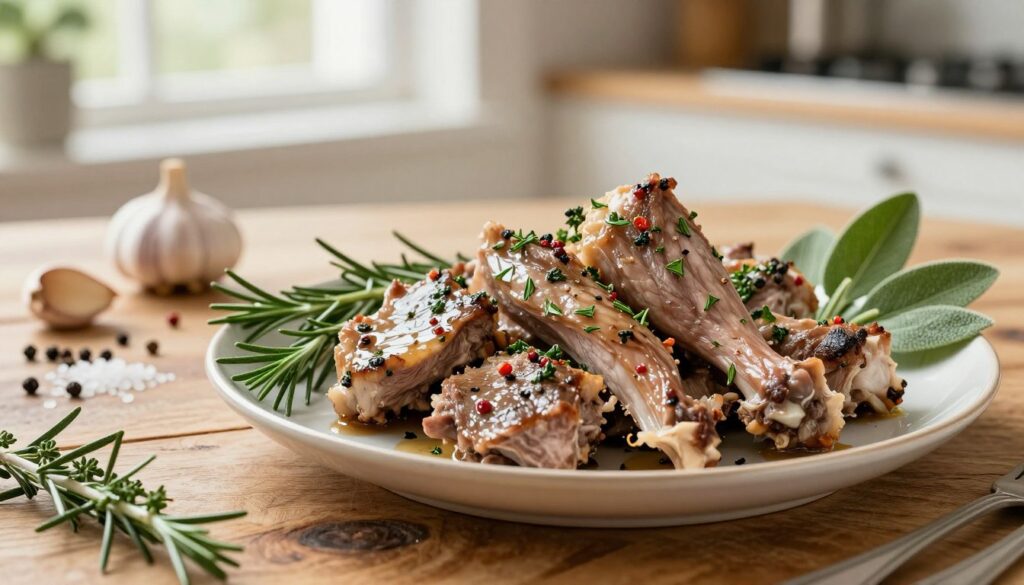 A beautifully arranged plate featuring tender rabbit meat, garnished with vibrant herbs and spices, set against a rustic wooden table. In the foreground, showcase succulent cuts of rabbit, glistening with a light herb-infused glaze. Surrounding the meat, include fresh sprigs of rosemary, thyme, and sage, accentuating the aromatic qualities. In the middle ground, subtly display an artistic array of various spices such as peppercorns, garlic cloves, and a sprinkle of sea salt, hinting at the seasoning process. The background features a soft-focus kitchen with warm natural lighting filtering through a window, creating a cozy, inviting atmosphere. The lens should capture a slightly elevated angle, emphasizing the textures of the meat and herbs. A beautifully arranged plate featuring tender rabbit meat, garnished with vibrant herbs and spices, set against a rustic wooden table. In the foreground, showcase succulent cuts of rabbit, glistening with a light herb-infused glaze. Surrounding the meat, include fresh sprigs of rosemary, thyme, and sage, accentuating the aromatic qualities. In the middle ground, subtly display an artistic array of various spices such as peppercorns, garlic cloves, and a sprinkle of sea salt, hinting at the seasoning process. The background features a soft-focus kitchen with warm natural lighting filtering through a window, creating a cozy, inviting atmosphere. The lens should capture a slightly elevated angle, emphasizing the textures of the meat and herbs.
