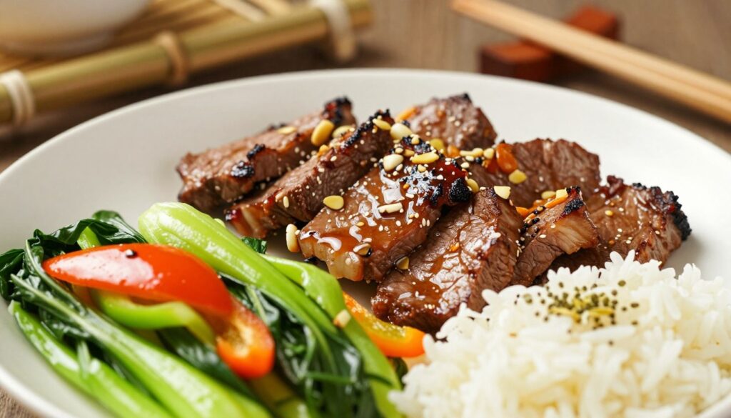 A beautifully arranged plate of Asian-inspired beef dishes, featuring tender, well-glazed slices of grilled beef marinated in a rich blend of soy sauce, ginger, and garlic. In the foreground, vibrant accompaniments like stir-fried bok choy, colorful bell peppers, and fragrant jasmine rice add depth to the scene. The middle of the image highlights the beef glistening under soft, warm lighting, showcasing its mouthwatering texture. In the background, blurred bamboo accents and delicate chopsticks evoke an inviting, authentic Asian culinary ambiance. The composition should capture a sense of warmth and savory appeal, inviting viewers to explore the depth of flavors within Asian cuisine. The image should have a high-resolution finish, using a natural lens effect for a cozy, intimate atmosphere.