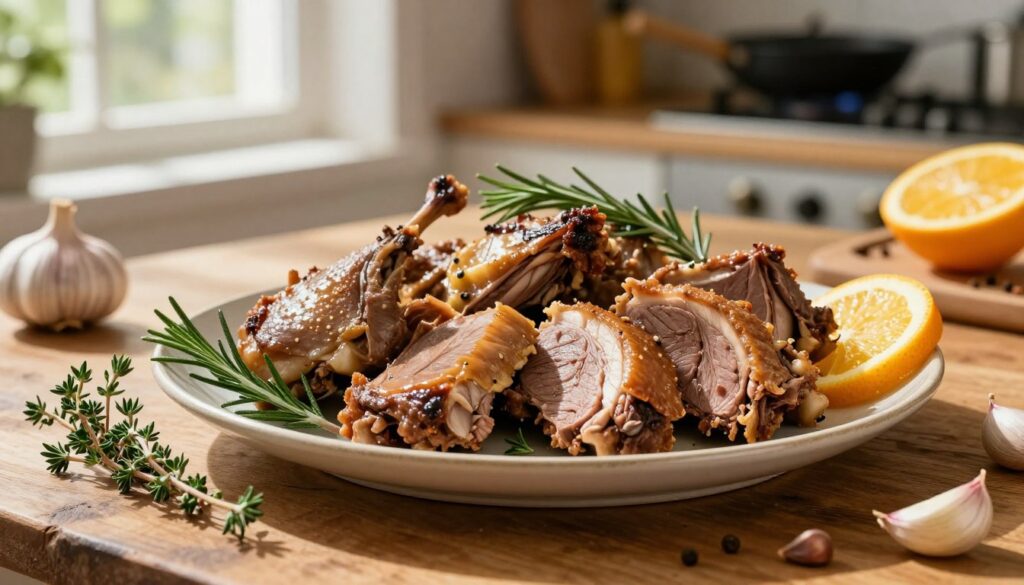 A beautifully arranged plate of duck pieces, meticulously cut and marinated, showcasing the rich browns and golden hues of the meat. In the foreground, fresh herbs like thyme and rosemary are artfully scattered around the duck for added color and texture. There are cloves of garlic and slices of citrus, indicating the marinade components. The middle ground features a rustic wooden table that adds warmth to the scene. Natural sunlight filters through a nearby window, casting soft shadows and illuminating the dish. In the background, a blurred kitchen setting suggests a vibrant and inviting atmosphere, with cooking utensils and spices subtly visible, enhancing the culinary theme. The overall mood is appetizing and cozy, perfect for food inspiration.