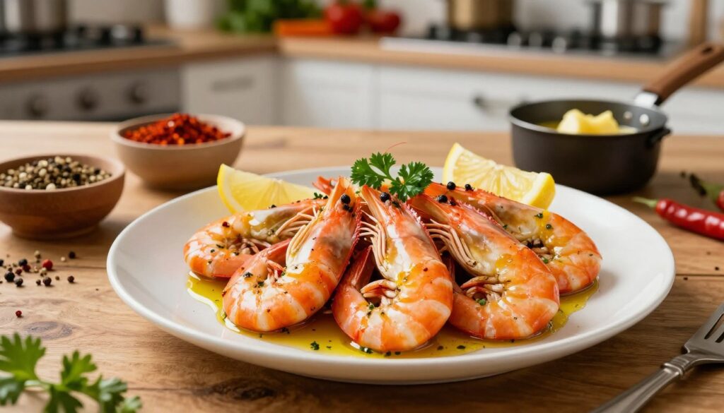 A beautifully arranged plate of gourmet shrimp dishes, showcasing succulent shrimp seasoned with a variety of vibrant spices like paprika, garlic, and fresh herbs. In the foreground, focus on the shrimp, glistening with a light drizzle of olive oil and garnished with lemon wedges and parsley. The middle ground features a rustic wooden table with a few bowls of colorful spices, and a small pot of melted garlic butter. In the background, softly blurred, there are hints of a modern kitchen with fresh vegetables and utensils, suggesting a professional cooking environment. The scene is illuminated by warm, natural lighting, creating a cozy, inviting atmosphere that captures the essence of fine dining. The angle is slightly overhead to highlight the dish's details and presentation, evoking an appetizing and sophisticated feel. A beautifully arranged plate of gourmet shrimp dishes, showcasing succulent shrimp seasoned with a variety of vibrant spices like paprika, garlic, and fresh herbs. In the foreground, focus on the shrimp, glistening with a light drizzle of olive oil and garnished with lemon wedges and parsley. The middle ground features a rustic wooden table with a few bowls of colorful spices, and a small pot of melted garlic butter. In the background, softly blurred, there are hints of a modern kitchen with fresh vegetables and utensils, suggesting a professional cooking environment. The scene is illuminated by warm, natural lighting, creating a cozy, inviting atmosphere that captures the essence of fine dining. The angle is slightly overhead to highlight the dish's details and presentation, evoking an appetizing and sophisticated feel.