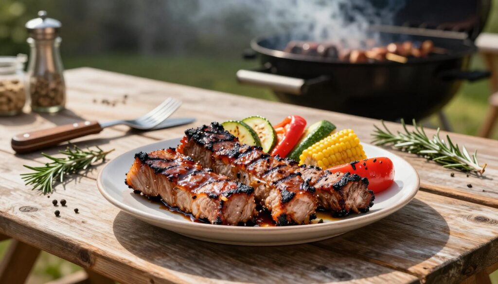 A beautifully arranged plate of grilled karkówka (pork neck), perfectly charred and glistening with a rich glaze, sits in the foreground. The succulent meat showcases grill marks and is accompanied by colorful side dishes such as vibrant grilled vegetables—bell peppers, zucchini, and corn on the cob—adding pops of color. In the middle ground, a rustic wooden picnic table enhances the outdoor grilling ambiance, adorned with rustic utensils and natural herbs like rosemary and thyme scattered around, hinting at the spices used in marinating. In the background, a softly blurred barbecue grill is seen, billowing wisps of smoke, under natural sunlight that casts a warm, inviting glow over the scene. The overall mood is relaxed and flavorful, inviting viewers to contemplate the depth of taste brought out by a well-prepared marinade. A beautifully arranged plate of grilled karkówka (pork neck), perfectly charred and glistening with a rich glaze, sits in the foreground. The succulent meat showcases grill marks and is accompanied by colorful side dishes such as vibrant grilled vegetables—bell peppers, zucchini, and corn on the cob—adding pops of color. In the middle ground, a rustic wooden picnic table enhances the outdoor grilling ambiance, adorned with rustic utensils and natural herbs like rosemary and thyme scattered around, hinting at the spices used in marinating. In the background, a softly blurred barbecue grill is seen, billowing wisps of smoke, under natural sunlight that casts a warm, inviting glow over the scene. The overall mood is relaxed and flavorful, inviting viewers to contemplate the depth of taste brought out by a well-prepared marinade.