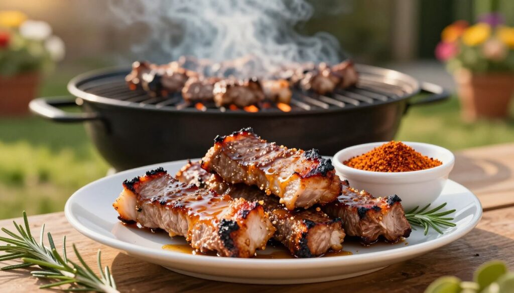 A beautifully arranged plate of grilled pork neck (karkówka) is prominently displayed in the foreground, glistening with a rich marinade, showcasing the caramelized edges and juicy texture. Next to the meat, there's a small bowl of vibrant spice mix, including herbs like rosemary and paprika, emphasizing the marination process. In the middle ground, a charcoal grill is smoking gently, with glowing embers visible, hinting at the unmistakable scent of grilling meat. The background is softly blurred, featuring a backyard setting with green grass and a few colorful flowers, suggesting a warm, inviting summer day. The lighting is warm and golden, replicating late afternoon sunlight, giving the scene a cozy and appetizing atmosphere, perfect for conveying the joy of grilling. A beautifully arranged plate of grilled pork neck (karkówka) is prominently displayed in the foreground, glistening with a rich marinade, showcasing the caramelized edges and juicy texture. Next to the meat, there's a small bowl of vibrant spice mix, including herbs like rosemary and paprika, emphasizing the marination process. In the middle ground, a charcoal grill is smoking gently, with glowing embers visible, hinting at the unmistakable scent of grilling meat. The background is softly blurred, featuring a backyard setting with green grass and a few colorful flowers, suggesting a warm, inviting summer day. The lighting is warm and golden, replicating late afternoon sunlight, giving the scene a cozy and appetizing atmosphere, perfect for conveying the joy of grilling.