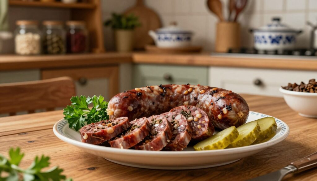 A beautifully arranged plate of kaszanka, a traditional Polish blood sausage, resting on an elegant wooden table. In the foreground, the kaszanka is sliced to reveal its rich, dark filling studded with grains and herbs. Surrounding the dish are fresh garnishes like parsley and slices of pickles, adding vibrant color and contrast. In the middle ground, a rustic kitchen setting is visible, with wooden cabinets and jars of spices, suggesting an inviting home-cooked atmosphere. Soft, warm lighting bathes the scene, creating a cozy and appetizing feel. The background features shelves with traditional Polish cooking utensils, enhancing the authentic vibe. The composition conveys a sense of care in food preservation, emphasizing optimal storage conditions. A beautifully arranged plate of kaszanka, a traditional Polish blood sausage, resting on an elegant wooden table. In the foreground, the kaszanka is sliced to reveal its rich, dark filling studded with grains and herbs. Surrounding the dish are fresh garnishes like parsley and slices of pickles, adding vibrant color and contrast. In the middle ground, a rustic kitchen setting is visible, with wooden cabinets and jars of spices, suggesting an inviting home-cooked atmosphere. Soft, warm lighting bathes the scene, creating a cozy and appetizing feel. The background features shelves with traditional Polish cooking utensils, enhancing the authentic vibe. The composition conveys a sense of care in food preservation, emphasizing optimal storage conditions.