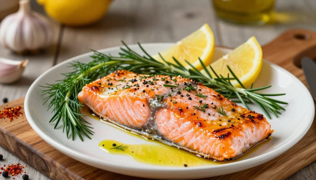 A beautifully arranged plate of roasted salmon garnished with aromatic herbs and spices, showcasing rich pink and orange hues of the fish. The foreground features a succulent fillet, glistening with olive oil, surrounded by sprigs of fresh dill, rosemary, and lemon wedges. In the middle ground, a wooden cutting board complements the dish, accented with various aromatic spices like paprika, garlic, and black pepper sprinkled around. The background softly fades into a rustic kitchen setting with warm, inviting lighting that highlights the textures of the salmon and herbs, creating a cozy cooking atmosphere. The shot is taken at a slightly overhead angle, emphasizing the vibrant colors and appetizing presentation of the dish. A beautifully arranged plate of roasted salmon garnished with aromatic herbs and spices, showcasing rich pink and orange hues of the fish. The foreground features a succulent fillet, glistening with olive oil, surrounded by sprigs of fresh dill, rosemary, and lemon wedges. In the middle ground, a wooden cutting board complements the dish, accented with various aromatic spices like paprika, garlic, and black pepper sprinkled around. The background softly fades into a rustic kitchen setting with warm, inviting lighting that highlights the textures of the salmon and herbs, creating a cozy cooking atmosphere. The shot is taken at a slightly overhead angle, emphasizing the vibrant colors and appetizing presentation of the dish.