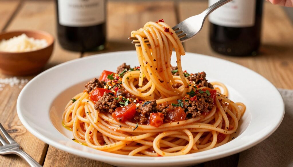 A beautifully arranged plate of spaghetti topped with a rich, vibrant Bolognese sauce, featuring finely ground beef, fragrant herbs, and a hint of crushed red pepper for authenticity. In the foreground, the spaghetti is elegantly twirled around a fork, glistening with olive oil. The middle ground showcases the Bolognese sauce, with visible chunks of tomatoes and herbs like basil and oregano, invitingly piled atop the pasta. The background features a rustic wooden table setting, with a bottle of red wine and a small bowl of grated parmesan, softly blurred to create depth. The warm, inviting golden hour lighting enhances the richness of the dish, creating a cozy, Italian dining atmosphere that evokes an authentic culinary experience. A beautifully arranged plate of spaghetti topped with a rich, vibrant Bolognese sauce, featuring finely ground beef, fragrant herbs, and a hint of crushed red pepper for authenticity. In the foreground, the spaghetti is elegantly twirled around a fork, glistening with olive oil. The middle ground showcases the Bolognese sauce, with visible chunks of tomatoes and herbs like basil and oregano, invitingly piled atop the pasta. The background features a rustic wooden table setting, with a bottle of red wine and a small bowl of grated parmesan, softly blurred to create depth. The warm, inviting golden hour lighting enhances the richness of the dish, creating a cozy, Italian dining atmosphere that evokes an authentic culinary experience.