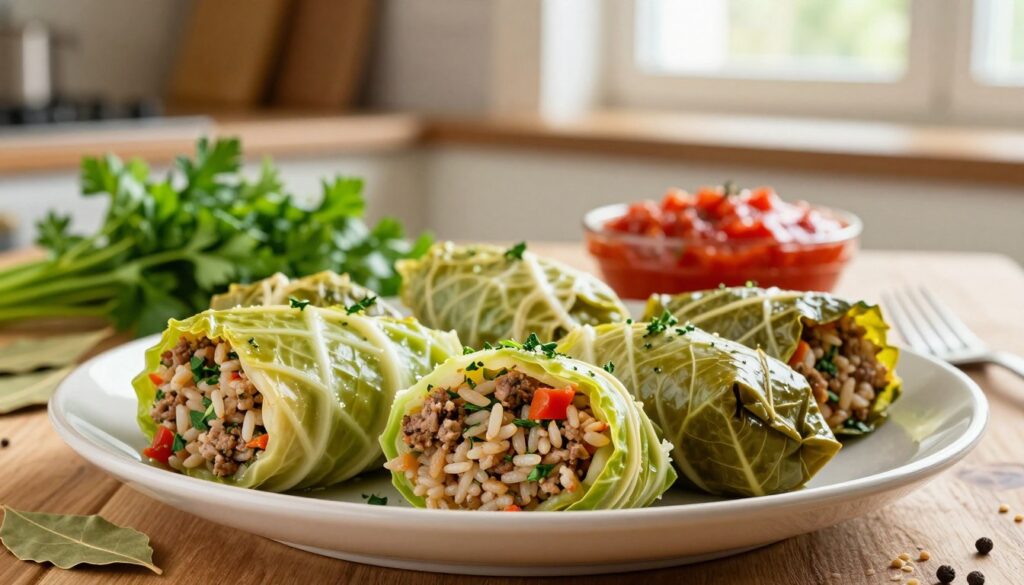 A beautifully arranged plate of stuffed cabbage rolls (gołąbki) placed prominently in the foreground, showcasing their lush green cabbage leaves wrapped around a richly textured filling of minced meat, rice, and aromatic herbs. The background features a softly blurred kitchen setting, with hints of rustic wood and warm, inviting colors. Soft, natural lighting cascades from a nearby window, creating a cozy and homely atmosphere. In the middle ground, a small bowl of vibrant tomato sauce glistens, accompanied by scattered fresh ingredients like parsley, bay leaves, and whole-grain spices, adding to the visual appeal. The scene captures the essence of an aromatic filling, emphasizing freshness and tradition with a depth of flavor and inviting comfort. A beautifully arranged plate of stuffed cabbage rolls (gołąbki) placed prominently in the foreground, showcasing their lush green cabbage leaves wrapped around a richly textured filling of minced meat, rice, and aromatic herbs. The background features a softly blurred kitchen setting, with hints of rustic wood and warm, inviting colors. Soft, natural lighting cascades from a nearby window, creating a cozy and homely atmosphere. In the middle ground, a small bowl of vibrant tomato sauce glistens, accompanied by scattered fresh ingredients like parsley, bay leaves, and whole-grain spices, adding to the visual appeal. The scene captures the essence of an aromatic filling, emphasizing freshness and tradition with a depth of flavor and inviting comfort.