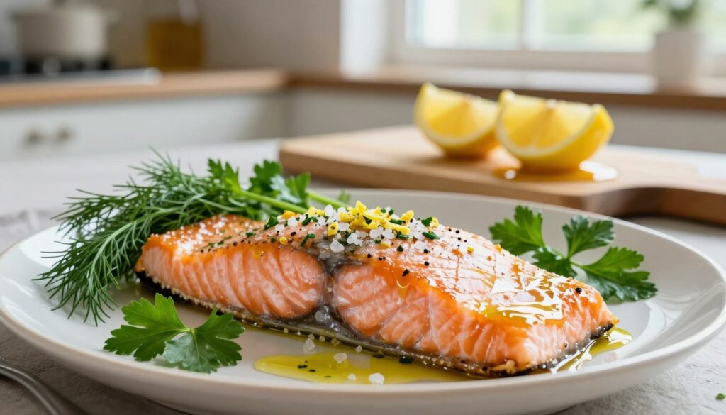 A beautifully arranged platter featuring a perfectly cooked salmon fillet garnished with fresh herbs. In the foreground, the salmon glistens with a light glaze of olive oil, highlighting its flaky texture. Sprinkled lightly on top are coarse sea salt crystals and a hint of lemon zest. Surrounding the salmon, vibrant sprigs of dill and parsley add a pop of color. In the middle, a delicate wooden cutting board serves as the backdrop, with a small dish of lemon wedges and a drizzle of honey nearby, suggesting simple yet flavorful seasoning options. In the background, a soft-focus kitchen setting with natural light streaming through a window creates a warm, inviting atmosphere. The overall mood is serene and appetizing, evoking a sense of freshness and culinary elegance. A beautifully arranged platter featuring a perfectly cooked salmon fillet garnished with fresh herbs. In the foreground, the salmon glistens with a light glaze of olive oil, highlighting its flaky texture. Sprinkled lightly on top are coarse sea salt crystals and a hint of lemon zest. Surrounding the salmon, vibrant sprigs of dill and parsley add a pop of color. In the middle, a delicate wooden cutting board serves as the backdrop, with a small dish of lemon wedges and a drizzle of honey nearby, suggesting simple yet flavorful seasoning options. In the background, a soft-focus kitchen setting with natural light streaming through a window creates a warm, inviting atmosphere. The overall mood is serene and appetizing, evoking a sense of freshness and culinary elegance.
