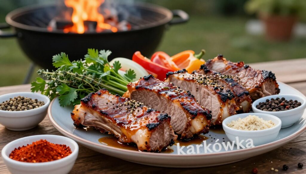 A beautifully arranged platter of grilled pork neck, known as "karkówka," seasoned with a variety of spices that enhance its tenderness and flavor. In the foreground, focus on the juicy, caramelized meat glistening with a coat of rich marinade, surrounded by small bowls of colorful spices: paprika, garlic powder, and black pepper. In the middle ground, lush garnishes like fresh herbs (parsley and thyme) and vibrant vegetables (bell peppers and onions) add contrast. The background features a blurred outdoor grill with glowing embers, suggesting a summer barbecue ambiance. Soft evening light casts a warm glow over the scene, evoking a cozy and inviting atmosphere perfect for impressing guests. The composition is shot from a slightly elevated angle, highlighting the sumptuous details of the dish. A beautifully arranged platter of grilled pork neck, known as "karkówka," seasoned with a variety of spices that enhance its tenderness and flavor. In the foreground, focus on the juicy, caramelized meat glistening with a coat of rich marinade, surrounded by small bowls of colorful spices: paprika, garlic powder, and black pepper. In the middle ground, lush garnishes like fresh herbs (parsley and thyme) and vibrant vegetables (bell peppers and onions) add contrast. The background features a blurred outdoor grill with glowing embers, suggesting a summer barbecue ambiance. Soft evening light casts a warm glow over the scene, evoking a cozy and inviting atmosphere perfect for impressing guests. The composition is shot from a slightly elevated angle, highlighting the sumptuous details of the dish.