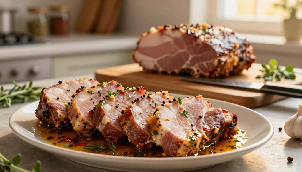 A beautifully arranged platter of karkówki, showcasing thick, juicy pork shoulder marinated in rich spices. In the foreground, highlight the vibrant colors of the marinade, with herbs and garlic glistening. The middle ground features the marinated meat resting on a wooden cutting board, with a knife and fresh herbs nearby, emphasizing preparation. In the background, softly blurred kitchen elements like jars of spices and a warm light streaming through a window create a cozy atmosphere. The lighting is warm and inviting, simulating golden hour, with a focus on texture and detail in the meat. Capture a sense of anticipation and culinary delight as the stage is set for an exquisite dish.