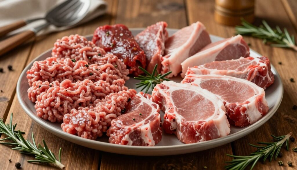 A beautifully arranged platter of raw pork meat, showcasing different cuts such as minced meat, pork chops, and tenderloins, elegantly positioned on a rustic wooden table. Vivid accents of fresh herbs like rosemary and thyme are scattered around the meat to enhance the scene. The lighting is warm and inviting, casting gentle shadows that highlight the textures of the meat. In the background, soft-focus kitchen utensils and spices hint at culinary preparations, creating an atmosphere of homely cooking. The composition should evoke a sense of anticipation for a delicious meal, with a focus on the quality and variety of the pork, inviting viewers to consider it as the foundation for successful dishes like cutlets, sauces, and stuffing. A beautifully arranged platter of raw pork meat, showcasing different cuts such as minced meat, pork chops, and tenderloins, elegantly positioned on a rustic wooden table. Vivid accents of fresh herbs like rosemary and thyme are scattered around the meat to enhance the scene. The lighting is warm and inviting, casting gentle shadows that highlight the textures of the meat. In the background, soft-focus kitchen utensils and spices hint at culinary preparations, creating an atmosphere of homely cooking. The composition should evoke a sense of anticipation for a delicious meal, with a focus on the quality and variety of the pork, inviting viewers to consider it as the foundation for successful dishes like cutlets, sauces, and stuffing.