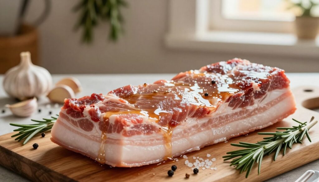 A beautifully arranged raw pork belly, known as "boczek," glistening with a light sheen of marinade, showcasing its rich, marbled fat. The foreground features a close-up of the succulent meat, with herbs like rosemary and spices scattered around, emphasizing the preparation process. In the middle ground, a wooden cutting board holds garlic cloves, peppercorns, and coarse salt, giving a rustic kitchen feel. The background features a softly lit kitchen setting with hanging herbs and a subtle warm glow from a nearby window, creating a cozy atmosphere. The image is captured from a top-down angle, highlighting the textures and colors of the ingredients, inviting viewers to appreciate the depth of flavor in the marinade. A beautifully arranged raw pork belly, known as "boczek," glistening with a light sheen of marinade, showcasing its rich, marbled fat. The foreground features a close-up of the succulent meat, with herbs like rosemary and spices scattered around, emphasizing the preparation process. In the middle ground, a wooden cutting board holds garlic cloves, peppercorns, and coarse salt, giving a rustic kitchen feel. The background features a softly lit kitchen setting with hanging herbs and a subtle warm glow from a nearby window, creating a cozy atmosphere. The image is captured from a top-down angle, highlighting the textures and colors of the ingredients, inviting viewers to appreciate the depth of flavor in the marinade.