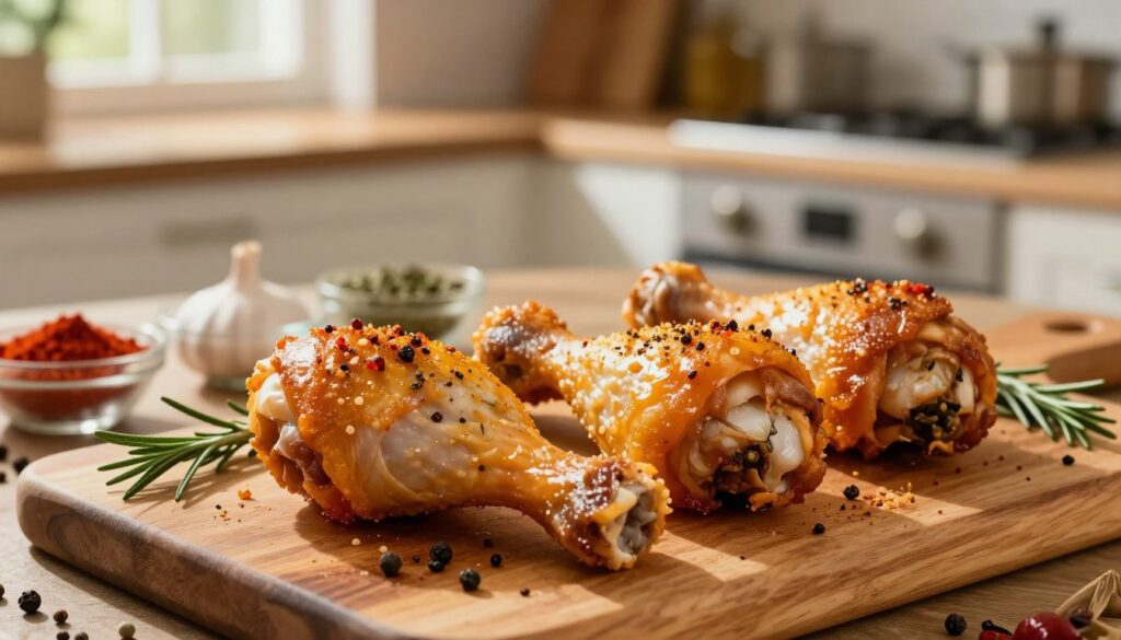 A beautifully arranged scene featuring juicy chicken drumsticks seasoned to perfection, showcasing a golden, crispy skin that glistens with spices. In the foreground, the drumsticks are placed on a rustic wooden cutting board, garnished with fresh herbs like rosemary and thyme. The middle ground includes an array of colorful spices such as paprika, garlic powder, and black pepper, creating a vibrant mosaic. In the background, a softly lit kitchen, with warm hues, enhances the inviting atmosphere. Natural light filters through a window, casting gentle shadows, emphasizing the texture of the chicken skin. The overall mood conveys a sense of warmth and delicious anticipation, perfect for a culinary article. A beautifully arranged scene featuring juicy chicken drumsticks seasoned to perfection, showcasing a golden, crispy skin that glistens with spices. In the foreground, the drumsticks are placed on a rustic wooden cutting board, garnished with fresh herbs like rosemary and thyme. The middle ground includes an array of colorful spices such as paprika, garlic powder, and black pepper, creating a vibrant mosaic. In the background, a softly lit kitchen, with warm hues, enhances the inviting atmosphere. Natural light filters through a window, casting gentle shadows, emphasizing the texture of the chicken skin. The overall mood conveys a sense of warmth and delicious anticipation, perfect for a culinary article.