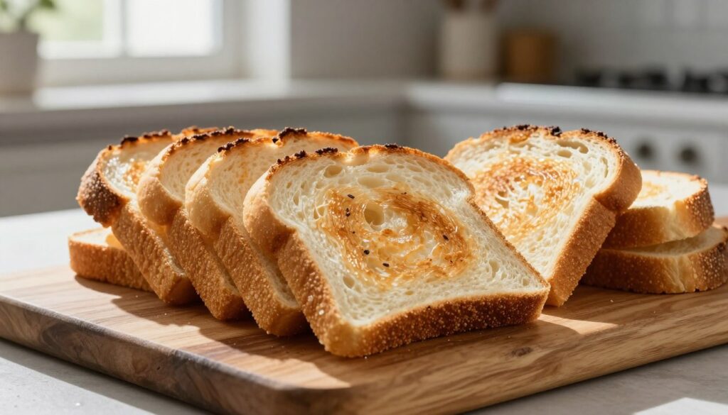 A beautifully arranged scene featuring slices of toasted bread, known as "chleb tostowy," on a rustic wooden cutting board. The bread is golden brown and slightly crisp on the edges, displaying a soft, fluffy interior. In the background, a cool-toned kitchen setting with soft, natural light streaming in from a nearby window creates a warm, inviting atmosphere. Delicate shadows enhance the texture of the bread. A few frozen slices are also visible, hinting at the subject of preservation, with condensation softly glistening on their surface. The composition should lend an air of homely comfort, emphasizing both the deliciousness and practicality of the bread. The focus should remain on the bread while maintaining a clean and organized aesthetic. A beautifully arranged scene featuring slices of toasted bread, known as "chleb tostowy," on a rustic wooden cutting board. The bread is golden brown and slightly crisp on the edges, displaying a soft, fluffy interior. In the background, a cool-toned kitchen setting with soft, natural light streaming in from a nearby window creates a warm, inviting atmosphere. Delicate shadows enhance the texture of the bread. A few frozen slices are also visible, hinting at the subject of preservation, with condensation softly glistening on their surface. The composition should lend an air of homely comfort, emphasizing both the deliciousness and practicality of the bread. The focus should remain on the bread while maintaining a clean and organized aesthetic.