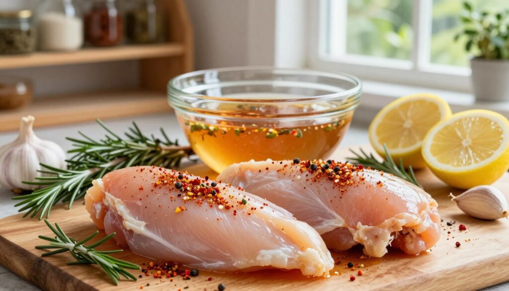 A beautifully arranged scene of marinating chicken breasts in a rustic kitchen. The foreground features two fresh chicken breasts coated in a vibrant blend of spices and herbs, such as paprika, garlic, and rosemary, creating an inviting texture and color. The middle layer showcases a bowl filled with the marinade, reflecting a glossy sheen under soft, natural lighting. Surrounding the dish are fresh ingredients like lemon slices, garlic cloves, and sprigs of herbs, enhancing the freshness of the composition. In the background, there are wooden shelves with jars of spices and a glimpse of a herb garden outside the window, creating a warm, homey atmosphere. The scene captures the essence of marinating as a key to juicy, flavorful chicken, evoking a sense of culinary creativity and homely warmth. A beautifully arranged scene of marinating chicken breasts in a rustic kitchen. The foreground features two fresh chicken breasts coated in a vibrant blend of spices and herbs, such as paprika, garlic, and rosemary, creating an inviting texture and color. The middle layer showcases a bowl filled with the marinade, reflecting a glossy sheen under soft, natural lighting. Surrounding the dish are fresh ingredients like lemon slices, garlic cloves, and sprigs of herbs, enhancing the freshness of the composition. In the background, there are wooden shelves with jars of spices and a glimpse of a herb garden outside the window, creating a warm, homey atmosphere. The scene captures the essence of marinating as a key to juicy, flavorful chicken, evoking a sense of culinary creativity and homely warmth.