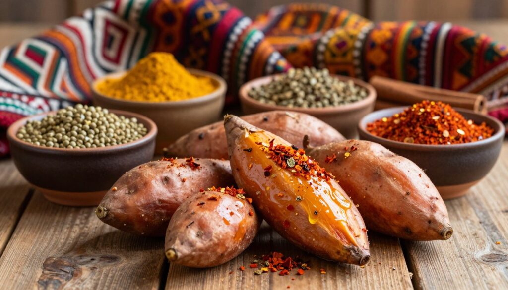 A beautifully arranged scene showcasing a vibrant collection of oriental spices and sweet potatoes, positioned on a rustic wooden tabletop. In the foreground, plump, roasted sweet potatoes are sprinkled with a mix of vivid spices like paprika, cumin, and coriander, their skins glistening from a drizzle of olive oil. The middle ground features small ceramic bowls filled with colorful spices, including turmeric, cinnamon, and chili flakes, each exuding a rich texture and hue. In the background, blurred traditional Middle Eastern textiles in warm tones create a cozy ambiance. Soft, natural lighting enhances the inviting colors, casting gentle shadows, while the overall mood evokes a warm, aromatic kitchen, suggesting warmth and culinary adventure. A beautifully arranged scene showcasing a vibrant collection of oriental spices and sweet potatoes, positioned on a rustic wooden tabletop. In the foreground, plump, roasted sweet potatoes are sprinkled with a mix of vivid spices like paprika, cumin, and coriander, their skins glistening from a drizzle of olive oil. The middle ground features small ceramic bowls filled with colorful spices, including turmeric, cinnamon, and chili flakes, each exuding a rich texture and hue. In the background, blurred traditional Middle Eastern textiles in warm tones create a cozy ambiance. Soft, natural lighting enhances the inviting colors, casting gentle shadows, while the overall mood evokes a warm, aromatic kitchen, suggesting warmth and culinary adventure.