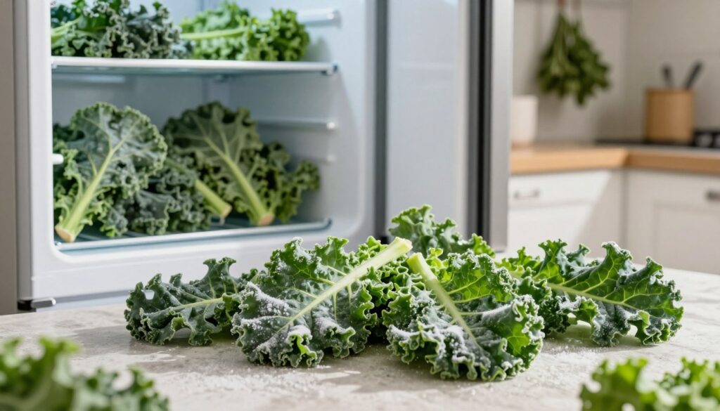 A beautifully arranged scene showcasing fresh kale leaves being frozen. In the foreground, vibrant green kale leaves are scattered over a textured surface, glistening with frost. The middle ground features a modern kitchen with a sleek freezer door slightly ajar, hinting at the preservation process. Soft, natural lighting illuminates the kale, enhancing the lush colors while casting gentle shadows, creating an inviting atmosphere. In the background, subtle hints of a well-organized kitchen can be seen, with hanging herbs and kitchen utensils that emphasize a healthy cooking lifestyle. The overall mood is fresh, crisp, and health-focused, portraying the benefits of freezing kale while maintaining its color and nutrients. A beautifully arranged scene showcasing fresh kale leaves being frozen. In the foreground, vibrant green kale leaves are scattered over a textured surface, glistening with frost. The middle ground features a modern kitchen with a sleek freezer door slightly ajar, hinting at the preservation process. Soft, natural lighting illuminates the kale, enhancing the lush colors while casting gentle shadows, creating an inviting atmosphere. In the background, subtle hints of a well-organized kitchen can be seen, with hanging herbs and kitchen utensils that emphasize a healthy cooking lifestyle. The overall mood is fresh, crisp, and health-focused, portraying the benefits of freezing kale while maintaining its color and nutrients.