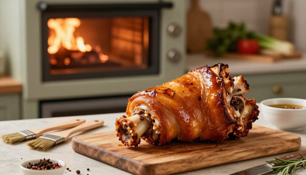 A beautifully arranged scene showcasing the art of roasting pork knuckle for a crispy skin. In the foreground, a perfectly roasted golonka with a golden-brown, crackling skin glistening from a light glaze, placed on a rustic wooden cutting board. In the middle, a set of traditional kitchen tools—basting brushes, spices, and a small bowl of marinade—surround the dish. The background features an old-style oven with a warm glow emanating from it, hinting at the heating process, with herbs and vegetables on a countertop nearby. Soft, warm lighting creates a cozy atmosphere, while a shallow depth of field emphasizes the golonka as the focal point. The overall mood conveys a sense of culinary expertise and inviting homeliness. A beautifully arranged scene showcasing the art of roasting pork knuckle for a crispy skin. In the foreground, a perfectly roasted golonka with a golden-brown, crackling skin glistening from a light glaze, placed on a rustic wooden cutting board. In the middle, a set of traditional kitchen tools—basting brushes, spices, and a small bowl of marinade—surround the dish. The background features an old-style oven with a warm glow emanating from it, hinting at the heating process, with herbs and vegetables on a countertop nearby. Soft, warm lighting creates a cozy atmosphere, while a shallow depth of field emphasizes the golonka as the focal point. The overall mood conveys a sense of culinary expertise and inviting homeliness.