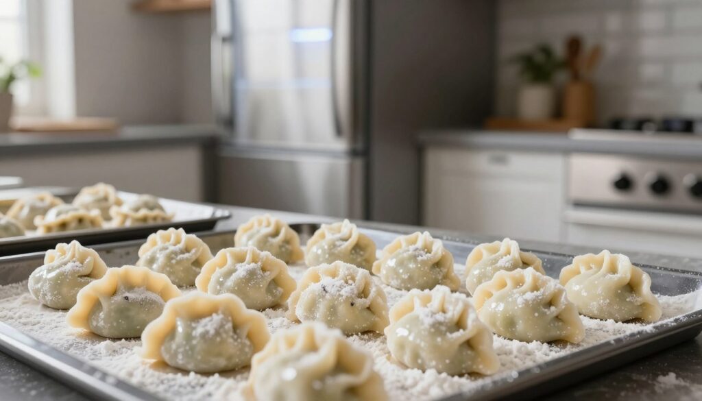A beautifully arranged scene showcasing the freezing process of traditional Silesian dumplings (kluski śląskie). In the foreground, a plate filled with freshly made dumplings, glistening with a light sprinkle of flour. Some dumplings are placed on a baking sheet, prepared for freezing, surrounded by ice crystals that signify the cold environment. The middle ground features a sleek, modern kitchen setting, with high-quality utensils and a stainless steel freezer, slightly ajar, emitting a soft, cool light. In the background, a subtle hint of a rustic home with soft, warm lighting, creating a cozy atmosphere. The image should evoke feelings of freshness and care in food preparation, captured with a shallow depth of field using a close-up lens for a professional quality look.
