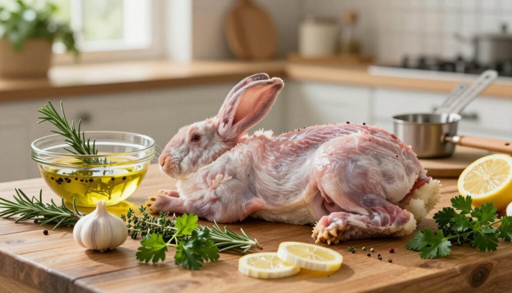 A beautifully arranged scene showcasing the marination process of a rabbit, placed on a rustic wooden table. In the foreground, a fresh rabbit is surrounded by an assortment of vibrant herbs such as rosemary, thyme, and parsley, complemented by slices of garlic and lemon. A glass bowl holds a fragrant marinade made from olive oil and spices, subtly reflecting the sunlight. In the middle ground, there are cooking utensils like a wooden spoon and measuring cups, hinting at the preparation process. The background features a softly blurred kitchen setting with warm, natural light filtering through a window, creating an inviting and cozy atmosphere. The overall mood is serene and appetizing, conveying the essence of marinating for enhanced flavor and juiciness. A beautifully arranged scene showcasing the marination process of a rabbit, placed on a rustic wooden table. In the foreground, a fresh rabbit is surrounded by an assortment of vibrant herbs such as rosemary, thyme, and parsley, complemented by slices of garlic and lemon. A glass bowl holds a fragrant marinade made from olive oil and spices, subtly reflecting the sunlight. In the middle ground, there are cooking utensils like a wooden spoon and measuring cups, hinting at the preparation process. The background features a softly blurred kitchen setting with warm, natural light filtering through a window, creating an inviting and cozy atmosphere. The overall mood is serene and appetizing, conveying the essence of marinating for enhanced flavor and juiciness.