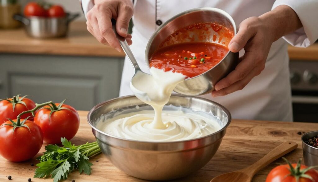 A beautifully arranged scene showcasing the technique of tempering sour cream for a creamy soup. In the foreground, a shiny stainless steel bowl holds smooth, flowing sour cream surrounded by fresh ingredients like ripe tomatoes, vibrant herbs, and a wooden spoon. In the middle, a chef's hands are gently mixing the sour cream with a ladle of hot tomato soup, demonstrating the careful process of blending to avoid curdling. The background features a calming kitchen with soft, warm lighting, highlighting a rustic wooden counter and pots filled with tomatoes and spices. The atmosphere is inviting, evoking a sense of home-cooked comfort, with a focus on the meticulous preparation involved in achieving a velvety texture. A beautifully arranged scene showcasing the technique of tempering sour cream for a creamy soup. In the foreground, a shiny stainless steel bowl holds smooth, flowing sour cream surrounded by fresh ingredients like ripe tomatoes, vibrant herbs, and a wooden spoon. In the middle, a chef's hands are gently mixing the sour cream with a ladle of hot tomato soup, demonstrating the careful process of blending to avoid curdling. The background features a calming kitchen with soft, warm lighting, highlighting a rustic wooden counter and pots filled with tomatoes and spices. The atmosphere is inviting, evoking a sense of home-cooked comfort, with a focus on the meticulous preparation involved in achieving a velvety texture.