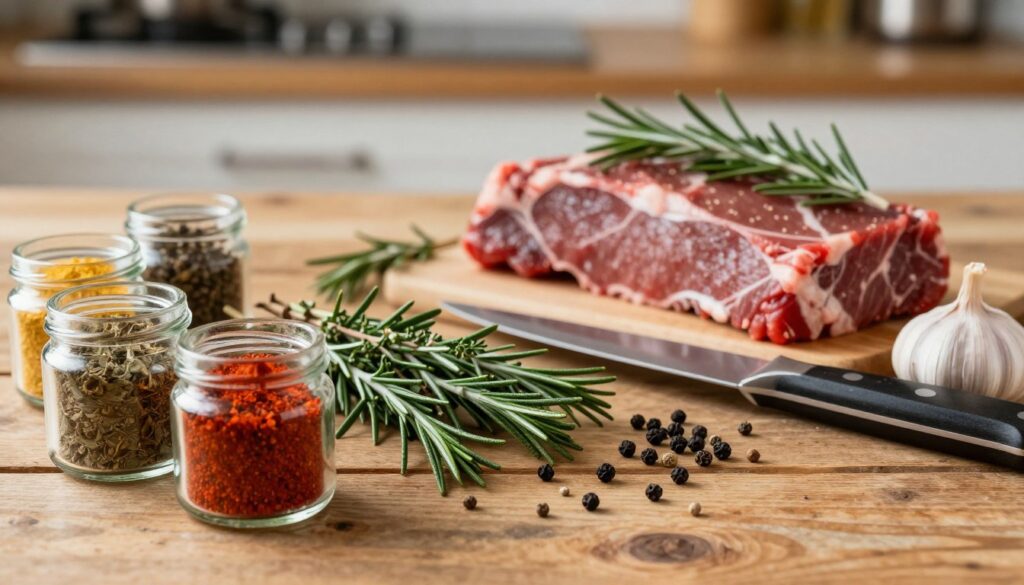 A beautifully arranged selection of spices for seasoning beef, including rosemary, thyme, black pepper, and garlic, displayed on a rustic wooden table. In the foreground, there are small glass jars filled with colorful spices, showcasing vibrant textures and colors. In the middle, scattered herbs and whole peppercorns add depth, while a chef's knife rests nearby, hinting at preparation. The background features a softly blurred kitchen setting, warm lighting creating a cozy atmosphere, highlighting the organic, natural elements of cooking. The image should evoke a sense of craftsmanship and culinary delight, inviting the viewer to explore the rich flavors and aromatic possibilities of beef seasoning.
