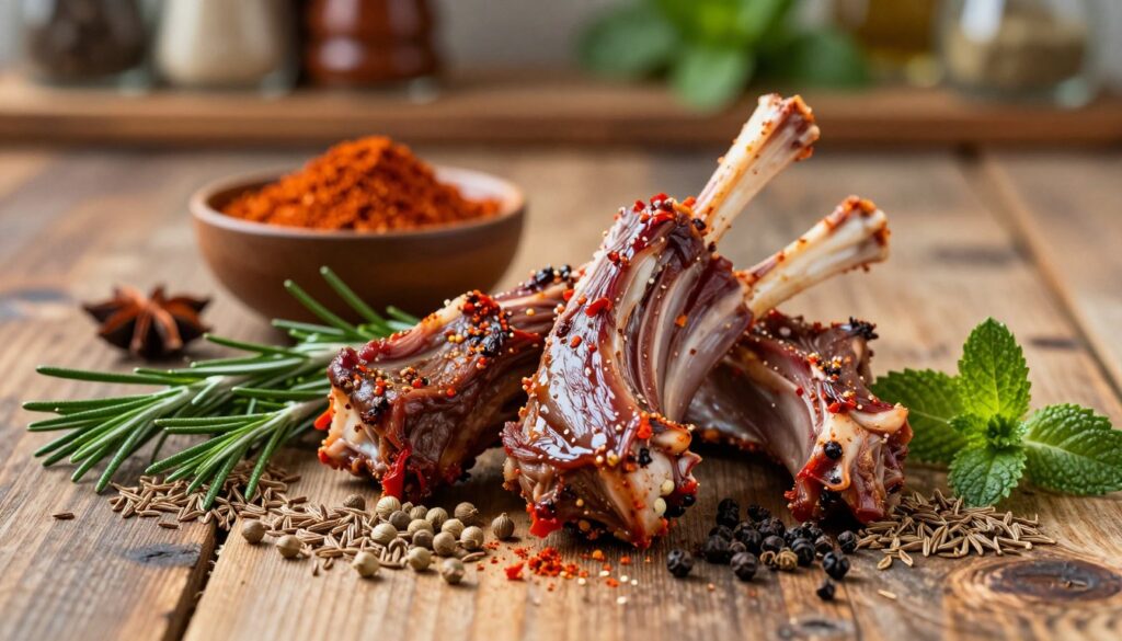 A beautifully arranged selection of spices perfect for marinating lamb in the foreground, featuring vibrant colors like deep reds, earthy browns, and rich greens. Include whole spices such as cumin seeds, coriander, black pepper, and paprika, alongside fresh herbs like rosemary and mint. In the middle ground, showcase a rustic wooden table with a small bowl filled with a blended spice mixture, with some spices scattered around for a natural look. The background should be softly blurred, hinting at a kitchen setting with warm, inviting lighting, perhaps with a hint of blurred foliage to evoke a fresh, aromatic atmosphere. The overall mood is rich and savory, inviting the viewer to explore the flavors of lamb marination. A beautifully arranged selection of spices perfect for marinating lamb in the foreground, featuring vibrant colors like deep reds, earthy browns, and rich greens. Include whole spices such as cumin seeds, coriander, black pepper, and paprika, alongside fresh herbs like rosemary and mint. In the middle ground, showcase a rustic wooden table with a small bowl filled with a blended spice mixture, with some spices scattered around for a natural look. The background should be softly blurred, hinting at a kitchen setting with warm, inviting lighting, perhaps with a hint of blurred foliage to evoke a fresh, aromatic atmosphere. The overall mood is rich and savory, inviting the viewer to explore the flavors of lamb marination.