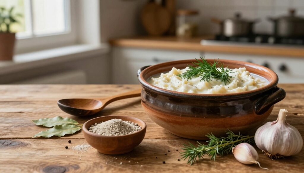 A beautifully arranged selection of spices used for seasoning żurek, featuring a rustic wooden table as the foreground. In the foreground, a small bowl contains ground white pepper, with fresh garlic cloves, bay leaves, and a sprinkle of marjoram elegantly placed nearby. In the middle, a vintage wooden spoon rests beside an earthenware pot that holds a serving of creamy, fragrant żurek, showcasing its rich texture and garnished with sprigs of dill. The background displays a cozy kitchen setting with soft, warm lighting filtering through a window, casting gentle shadows and creating an inviting atmosphere. The mood is traditional and homely, evoking a sense of culinary heritage and warmth, perfect for highlighting the deep flavors of this beloved dish. A beautifully arranged selection of spices used for seasoning żurek, featuring a rustic wooden table as the foreground. In the foreground, a small bowl contains ground white pepper, with fresh garlic cloves, bay leaves, and a sprinkle of marjoram elegantly placed nearby. In the middle, a vintage wooden spoon rests beside an earthenware pot that holds a serving of creamy, fragrant żurek, showcasing its rich texture and garnished with sprigs of dill. The background displays a cozy kitchen setting with soft, warm lighting filtering through a window, casting gentle shadows and creating an inviting atmosphere. The mood is traditional and homely, evoking a sense of culinary heritage and warmth, perfect for highlighting the deep flavors of this beloved dish.
