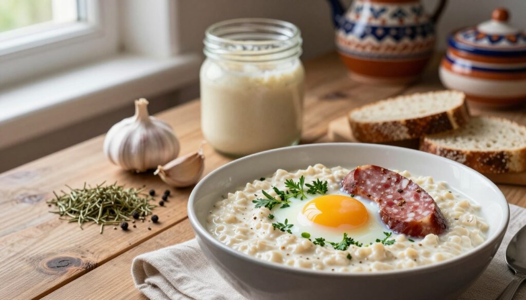 A beautifully arranged selection of traditional ingredients for żurek, showcased on a rustic wooden table. In the foreground, a bowl of creamy, light-colored żurek adorned with fresh herbs, a slice of sausage, and a perfectly cooked egg, exuding warmth and richness. The middle ground features an assortment of spices such as dried marjoram, garlic, and cracked black pepper, alongside a jar of sourdough starter, symbolizing the fundamental elements of flavor. Soft, natural light floods the scene from a nearby window, casting gentle shadows that enhance the textures of the ingredients. In the background, a blurred kitchen setting with traditional Polish pottery adds cultural depth, creating an inviting, homely atmosphere that reflects the deep, sour, and rustic essence of traditional żurek. A beautifully arranged selection of traditional ingredients for żurek, showcased on a rustic wooden table. In the foreground, a bowl of creamy, light-colored żurek adorned with fresh herbs, a slice of sausage, and a perfectly cooked egg, exuding warmth and richness. The middle ground features an assortment of spices such as dried marjoram, garlic, and cracked black pepper, alongside a jar of sourdough starter, symbolizing the fundamental elements of flavor. Soft, natural light floods the scene from a nearby window, casting gentle shadows that enhance the textures of the ingredients. In the background, a blurred kitchen setting with traditional Polish pottery adds cultural depth, creating an inviting, homely atmosphere that reflects the deep, sour, and rustic essence of traditional żurek.