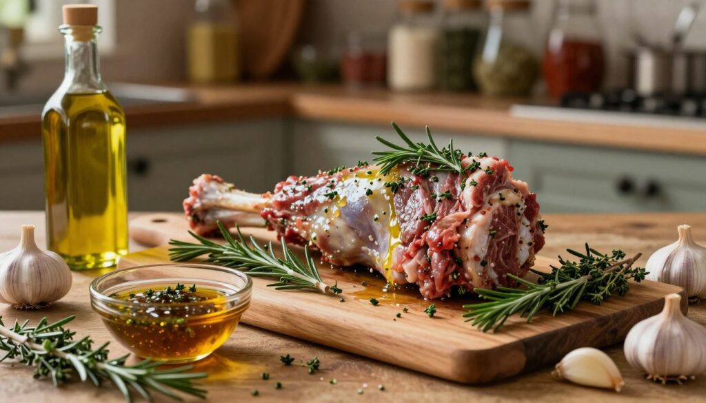 A beautifully arranged setup for marinating lamb featuring fresh herbs like rosemary and thyme, garlic cloves, and a bottle of golden olive oil. In the foreground, a wooden cutting board is scattered with vibrant green herbs and whole garlic, with a small bowl of marinade glistening in the evening light. The middle ground showcases a neatly prepared lamb leg, coated in the aromatic marinade, hinting at the flavors absorbing into the meat. The background features a rustic kitchen setting with blurred shelves filled with spices and herbs, bathed in warm, inviting lighting to create a homely atmosphere. The lens should capture a shallow depth of field, focusing on the marinating process, emphasizing freshness and culinary intimacy. A beautifully arranged setup for marinating lamb featuring fresh herbs like rosemary and thyme, garlic cloves, and a bottle of golden olive oil. In the foreground, a wooden cutting board is scattered with vibrant green herbs and whole garlic, with a small bowl of marinade glistening in the evening light. The middle ground showcases a neatly prepared lamb leg, coated in the aromatic marinade, hinting at the flavors absorbing into the meat. The background features a rustic kitchen setting with blurred shelves filled with spices and herbs, bathed in warm, inviting lighting to create a homely atmosphere. The lens should capture a shallow depth of field, focusing on the marinating process, emphasizing freshness and culinary intimacy.